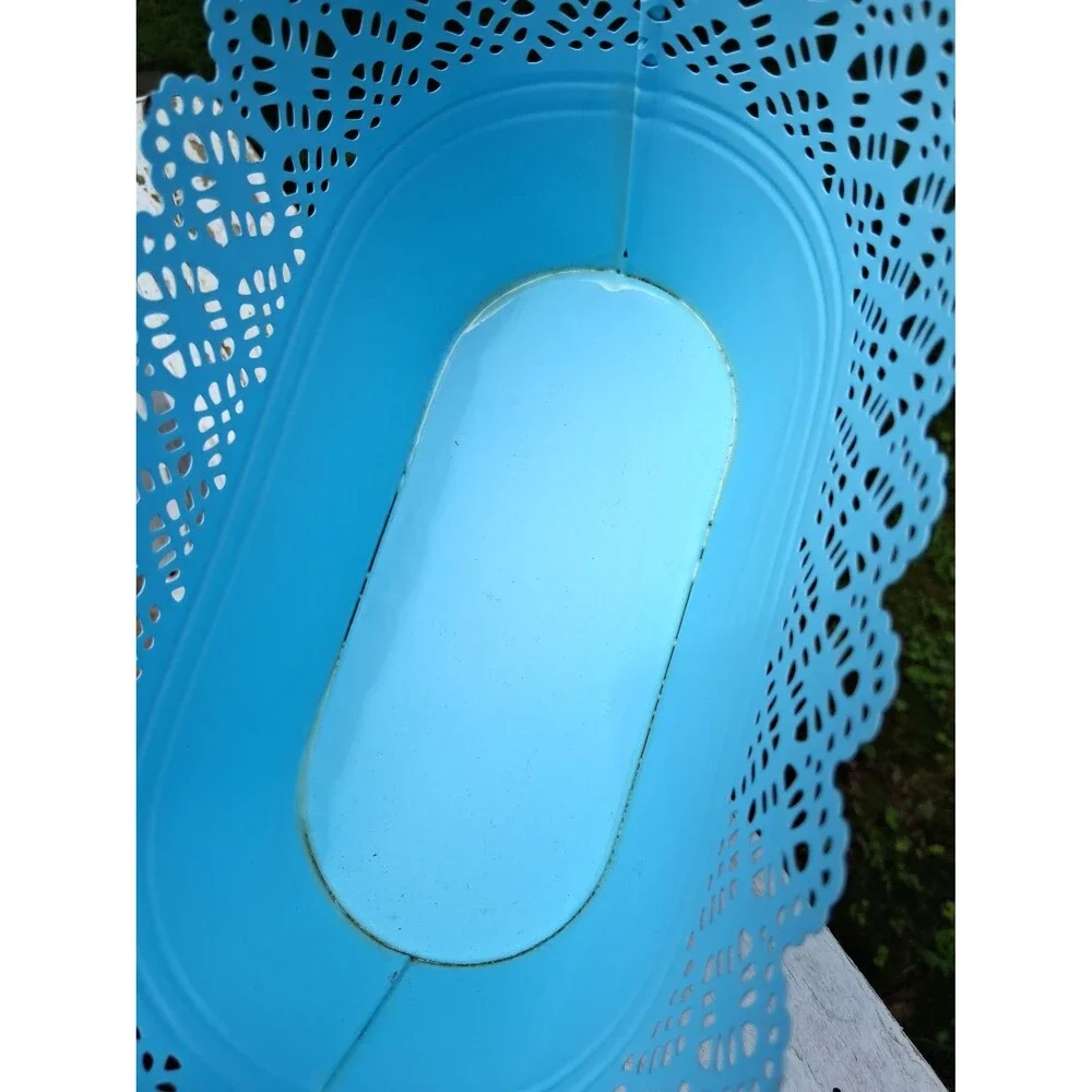 370 Baby Blue Decorative Metal Oval Basket Scalloped Lace Trim Home Decor